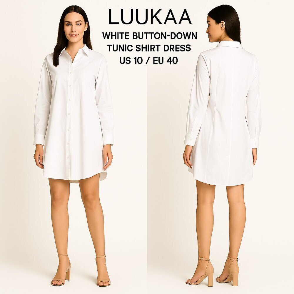 Luukaa women’s white button-down tunic shirt dress in size US 10 / EU 40.